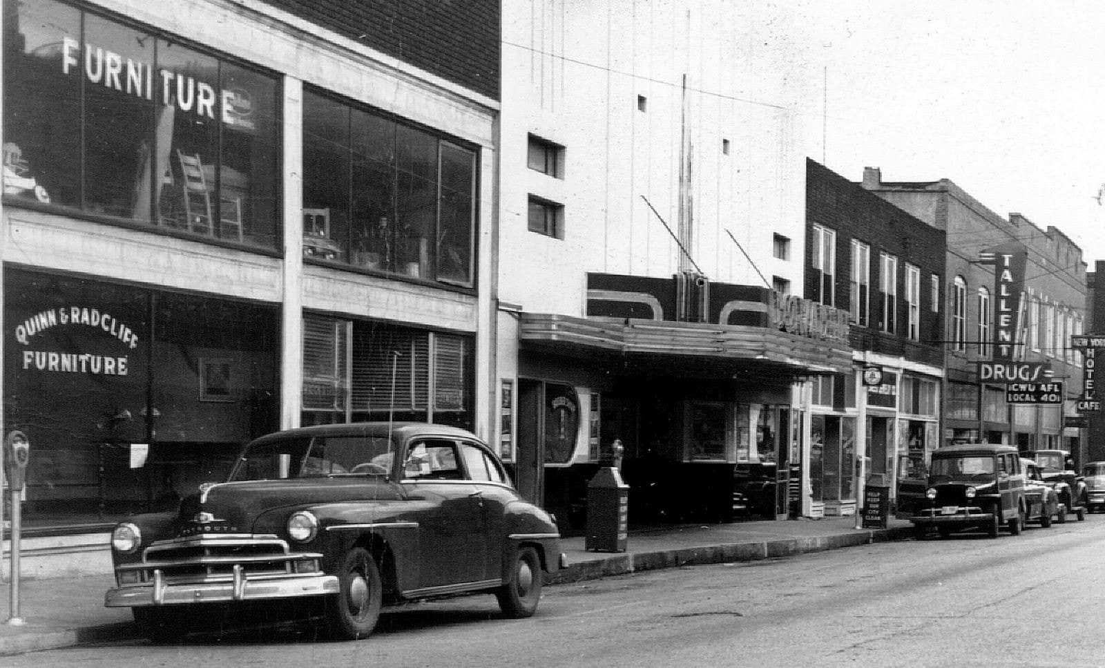 Ocoee Street in Copperhill c. 1949-1951 with the Abernathy Building, the Doradele, Tallent Drug and the New York Hotel and Cafe
